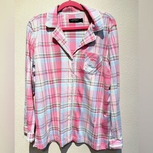 Lauren Ralph Lauren Sz M Pink and Green Plaid Soft Flannel Knit Type Shirt Logo